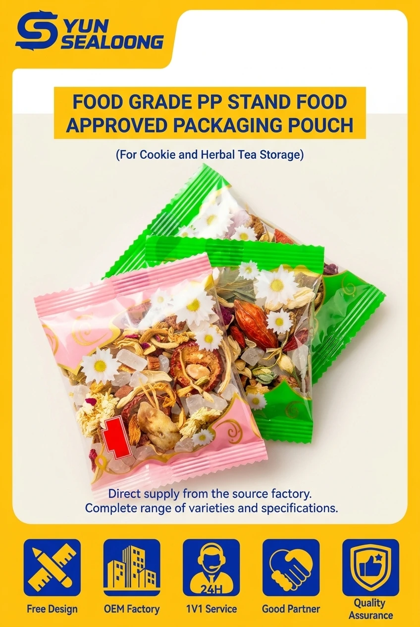 Custom Logo PP Back Seal Pillow Sachet with Clear Window Food Grade Material Barrier Packaging Bag for Herbal Tea