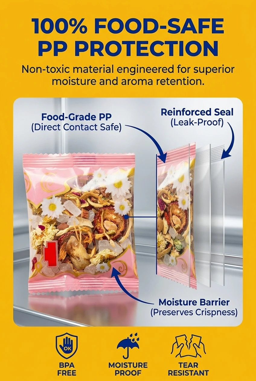 Reliable food grade PP plastic tea bag showcasing maximum transparency with raw ingredients like chamomile blossoms, dried fr