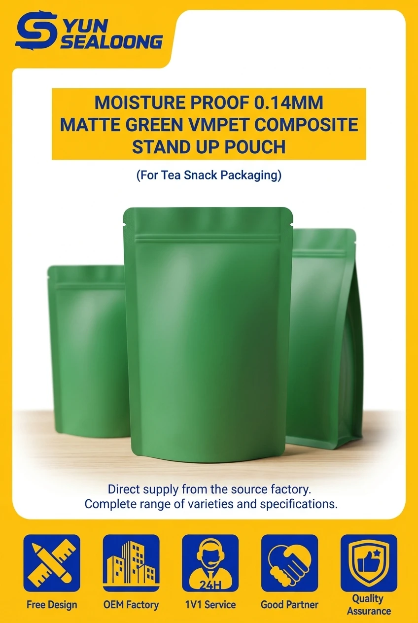 Moisture Proof Matte Green VMPET Composite Stand up Pouch with Zipper and Tear Notch for Tea Snack Packaging