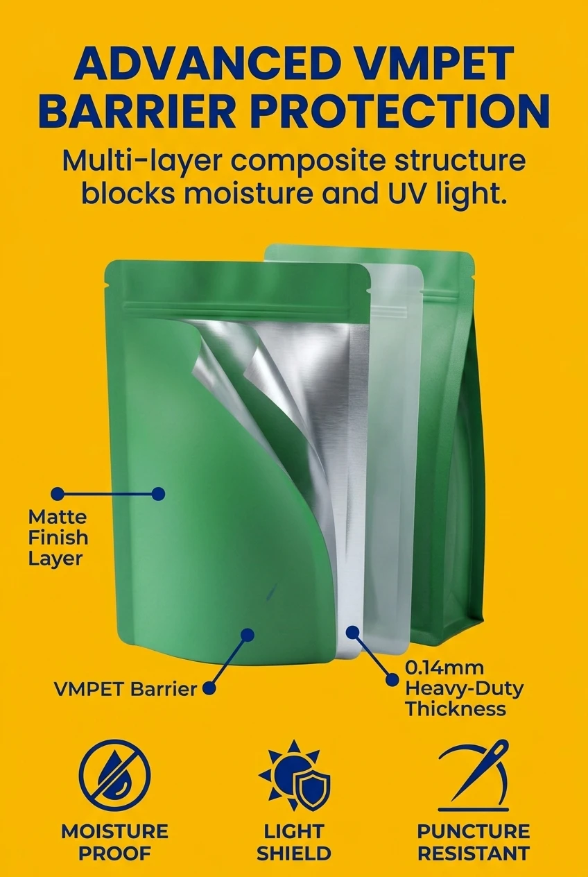 High-performance stand up pouch with zipper featuring a multi-layer VMPET composite structure. This food zipper stand up pouc