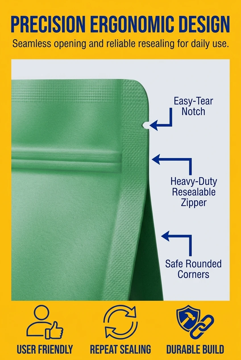 Detailed look at our stand up zipper pouch with reinforced zipper and tear notches. This plastic zipper bag packaging ensures
