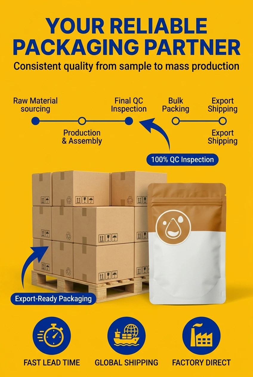 Factory direct stand up pouch with zipper supplier with global shipping capabilities. We provide high-quality resealable pack