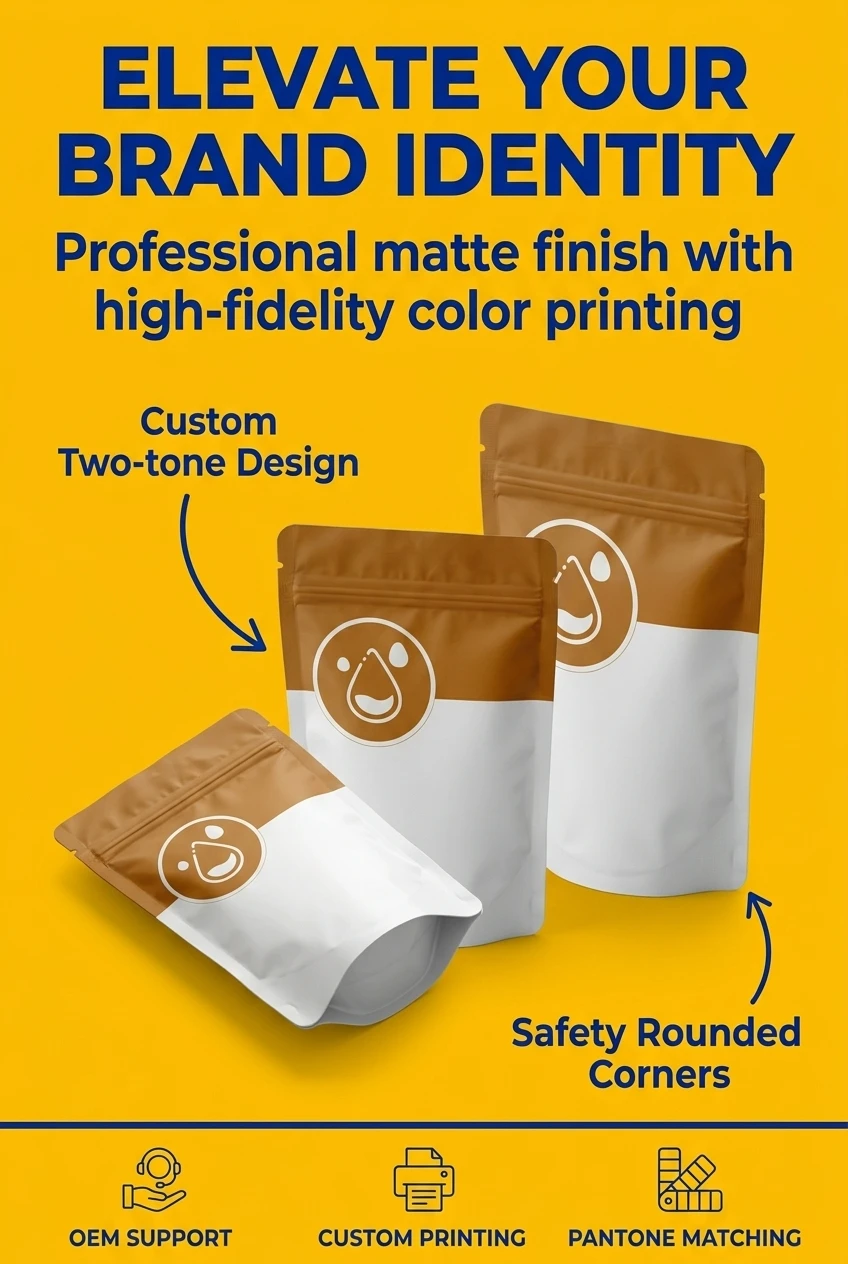 Waterproof stand up pouch with zipper protecting printed gift box designs from moisture