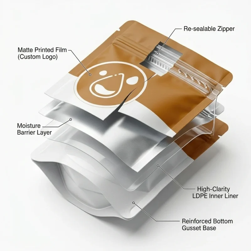 Soft stand up pouch with zipper material roll showing PET BOPP layer flexibility and durability