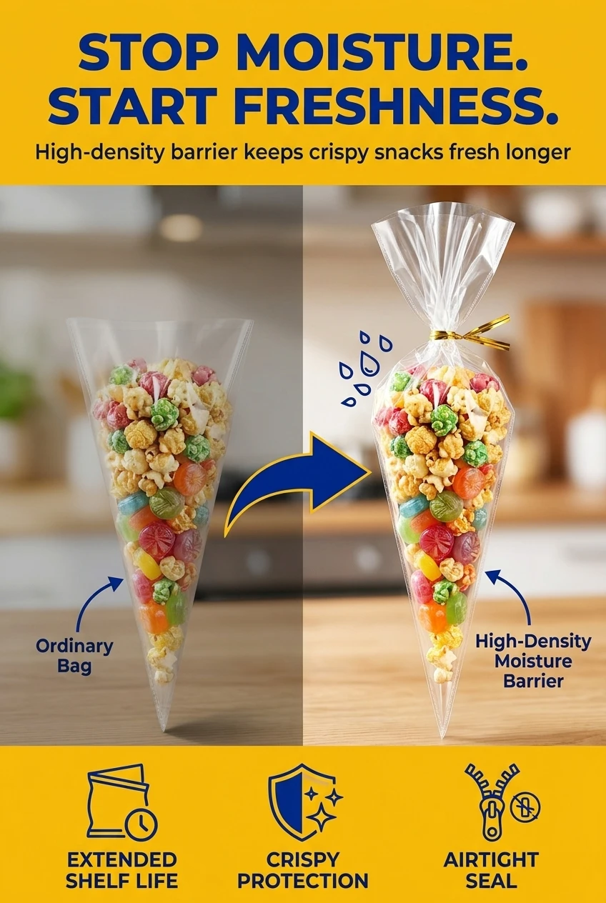 Moisture-resistant plastic food packaging bags for extended shelf life. This shopping bag plastic prevents popcorn from getti