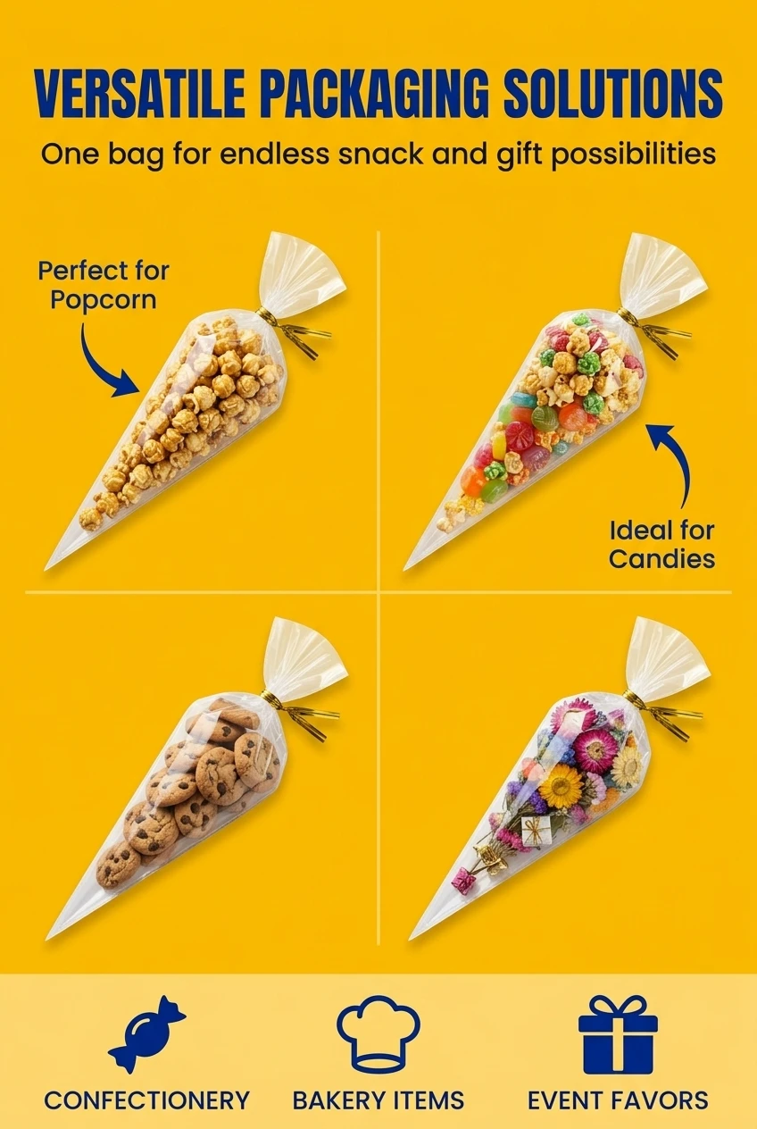 Waterproof Clear Plastic Cone Treat Bags protecting printed gift box designs from moisture