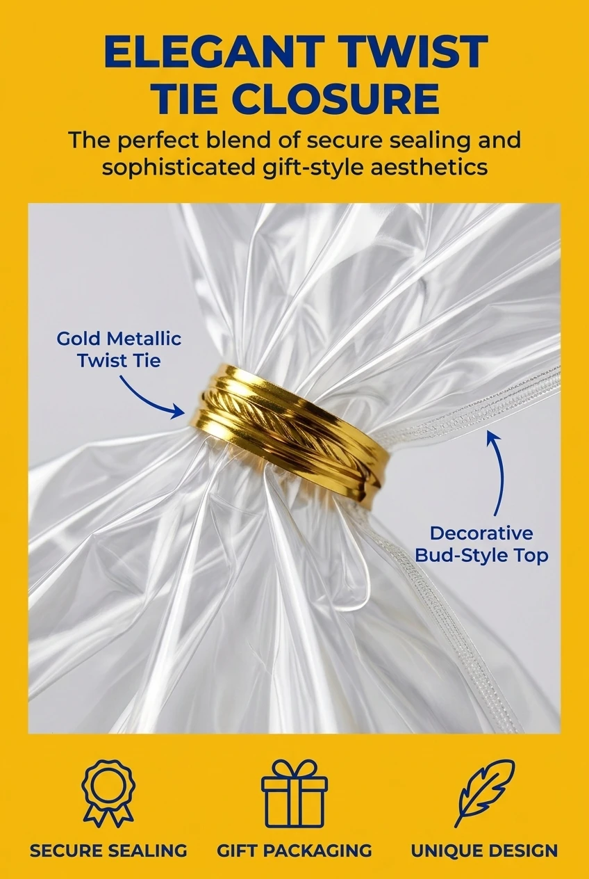 Unique stand up food pouch featuring a decorative gold metallic twist tie. This clear food packaging bag creates a beautiful