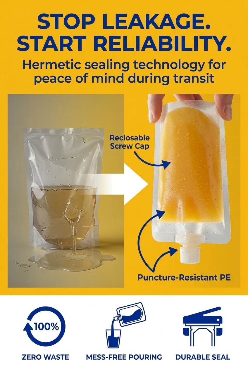 Solve your liquid packaging issues with our leak-proof spout pouch. This stand up spouted pouch replaces fragile clear mylar