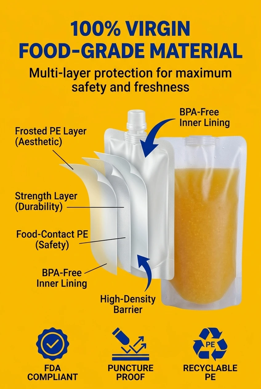 Safe and sustainable spout pouch made from premium PE. Our stand up spouted pouch utilizes a multi-layer structure for maximu