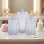 stand up spout pouch showing prismatic rainbow effect on transparent soft BOPP base
