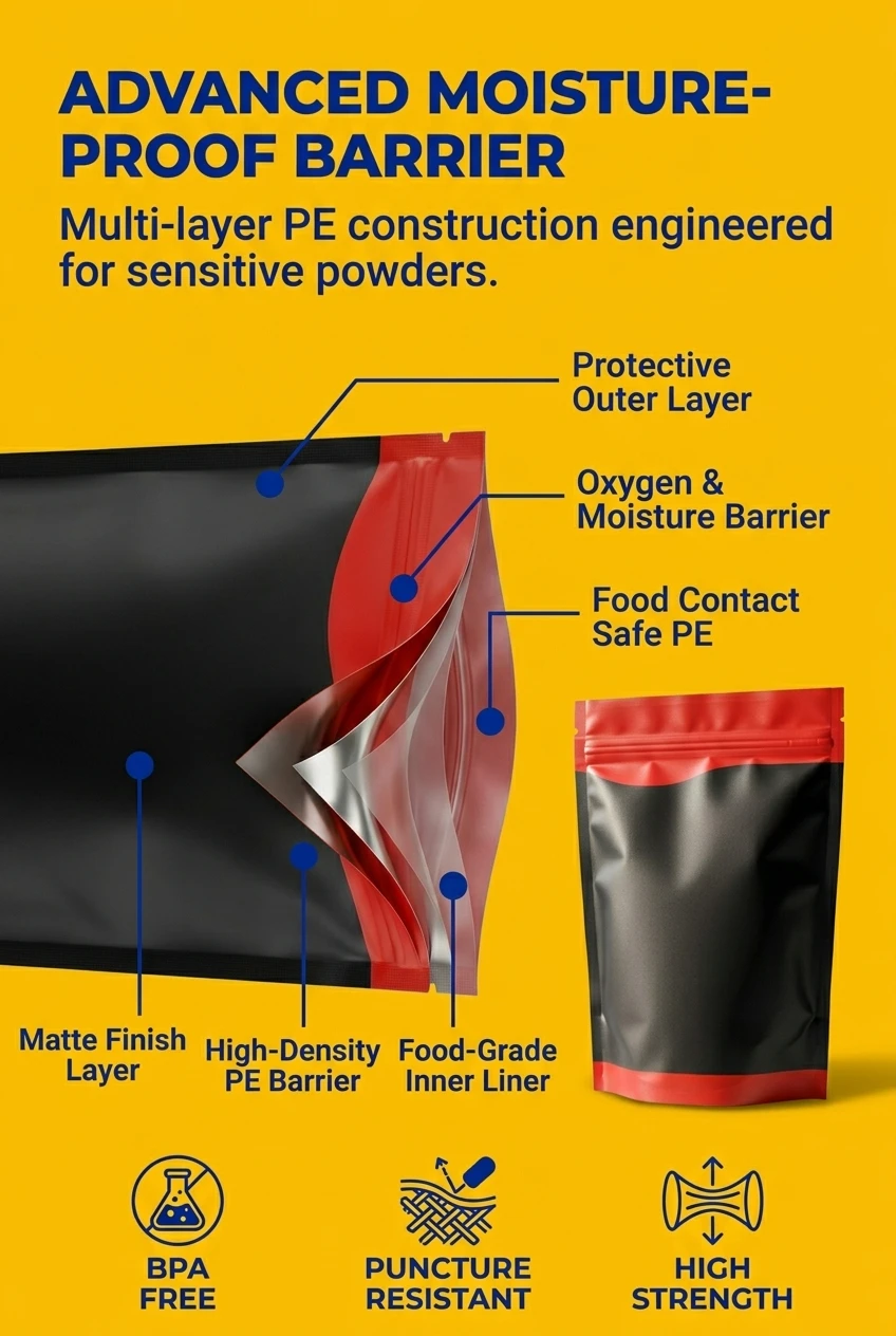 Multi-layer stand up pouch with zipper construction. This zipper pouch bag utilizes specialized PE layers to create a high-de