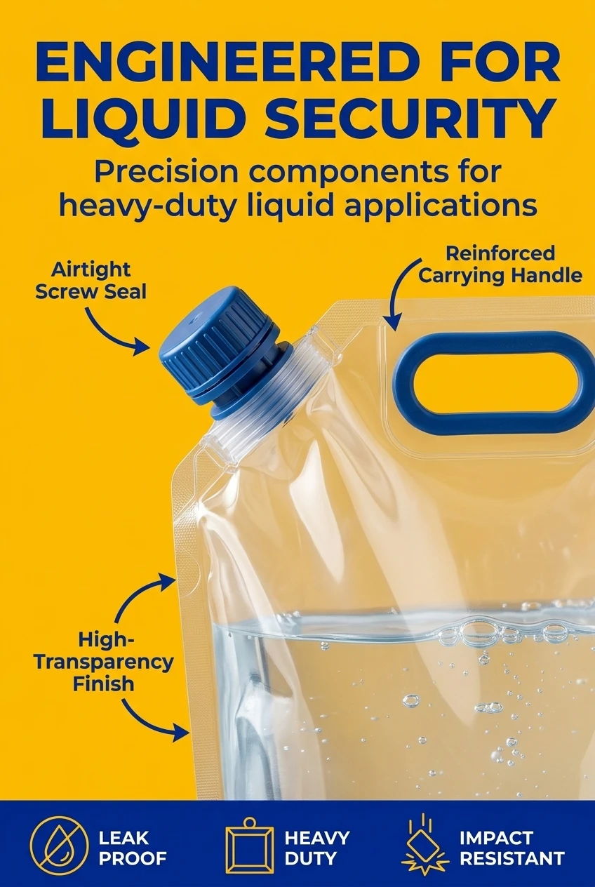 Industrial-grade stand up spouted pouch with heavy-duty plastic handle bags construction. Featuring a precision-engineered bl