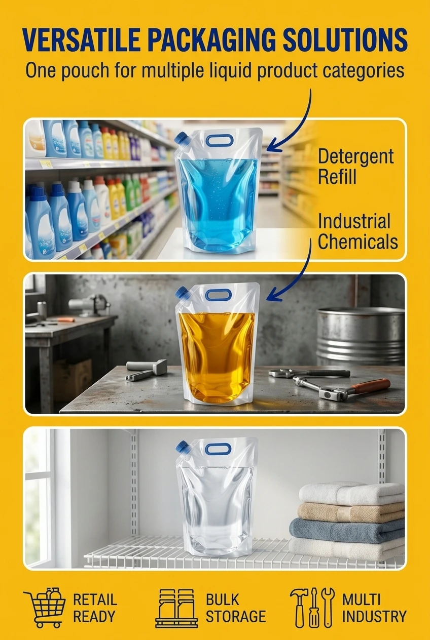 Multi-purpose packaging plastic bags suitable for various industries. This refill spout pouch is widely used for laundry dete