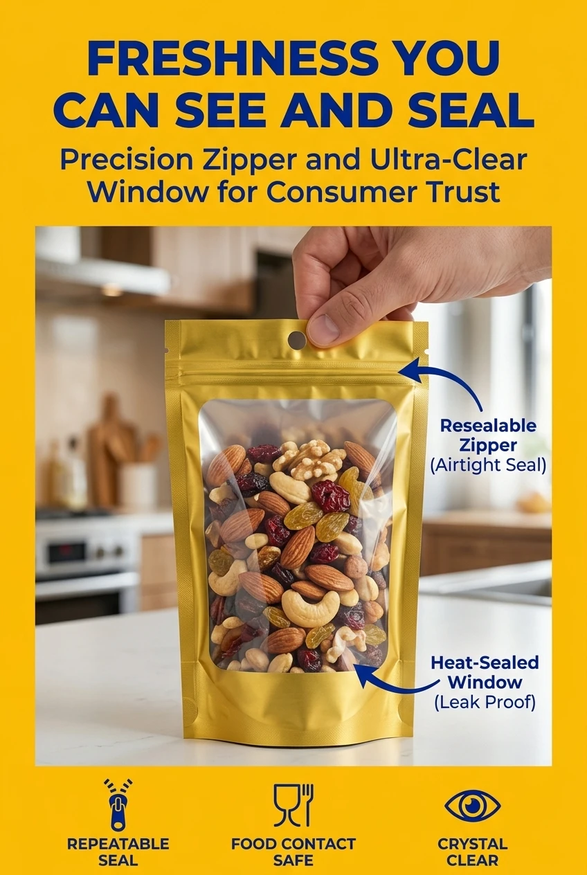 Close-up infographic demonstrating a gold custom clear plastic zip lock stand pouch with text highlighting freshness you can