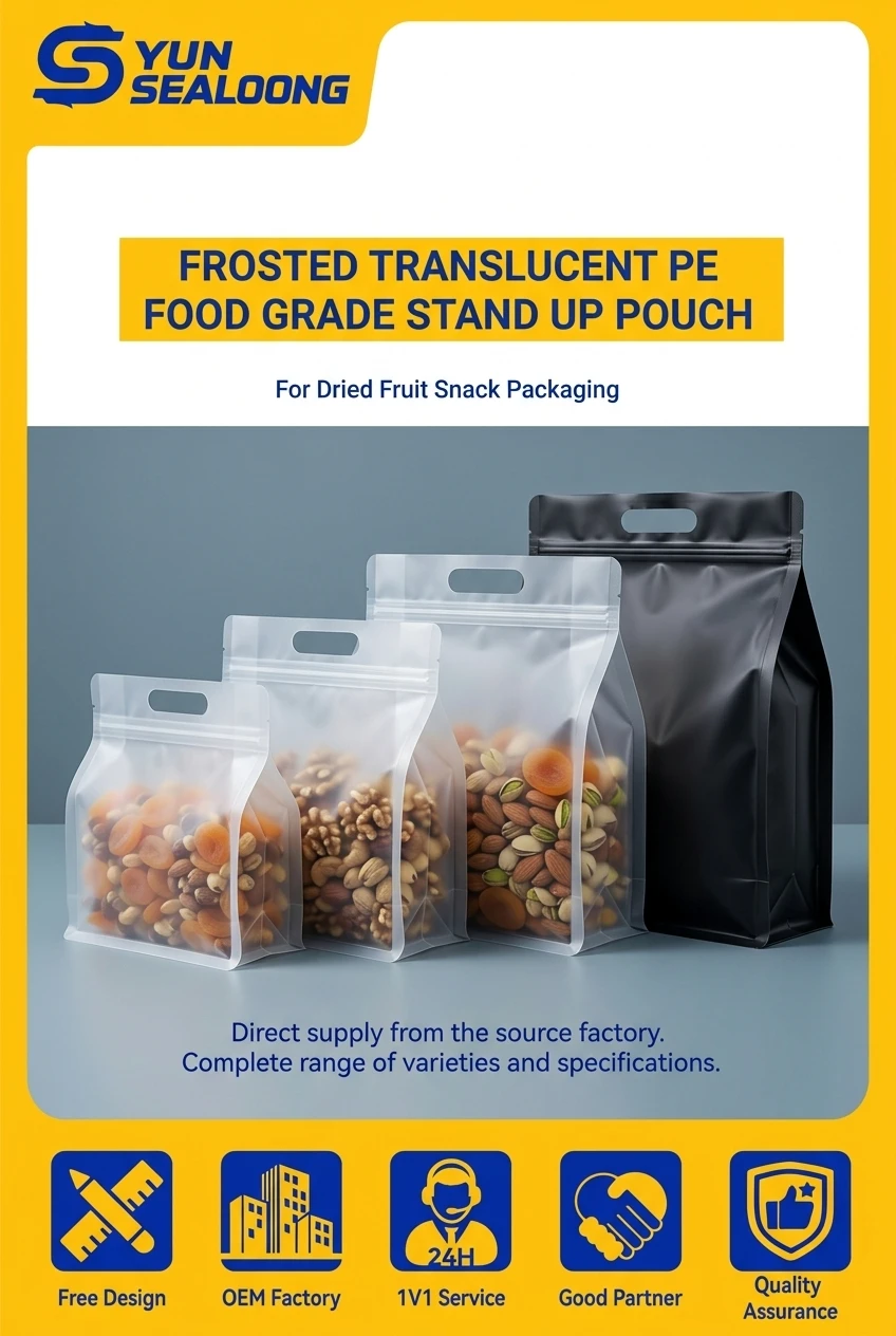 Frosted Translucent PE Food Grade Stand up Pouch with Zipper and Die Cut Handle for Dried Fruit Snack Packaging