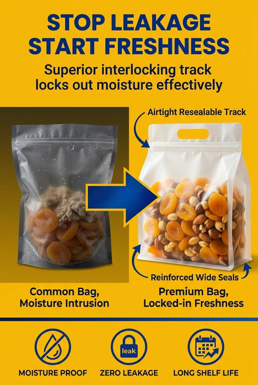 Solve storage issues with our airtight stand up pouch with zipper. Unlike standard bags, this zipper handle plastic bag featu