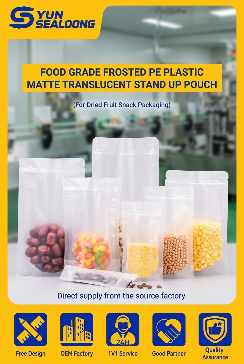 Food Grade Frosted PE Plastic Matte Translucent Stand up Pouch with Zipper Resealable PE Stand Pouch for Pet Food Sugar