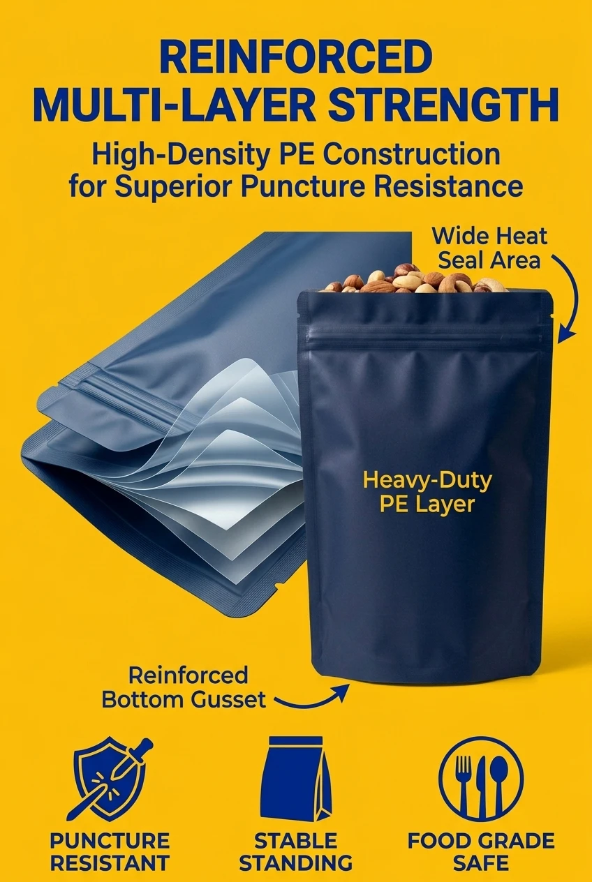 Technical material breakdown of our stand up pouch with zipper. Built with high-density PE for puncture resistance in every s