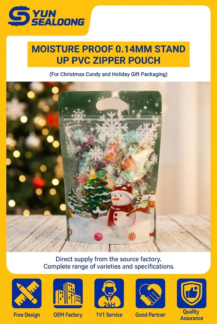 Food Grade Plastic Bag Christmas Treat Bag with Ziplock Resealable PE Stand Pouch Holiday Gift Bag with Die Cut Handle Bulk