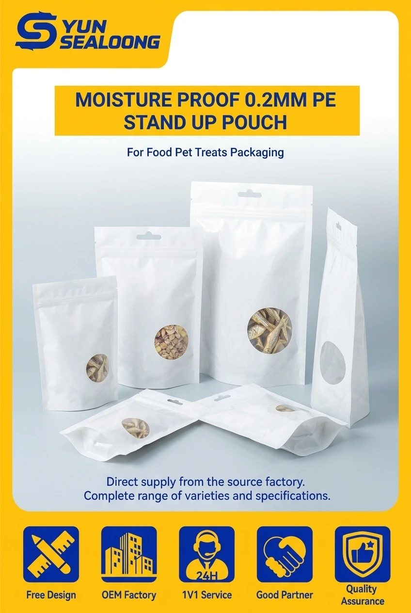 Moisture Proof 0.2mm PE Stand up Pouch with Zipper and Hand Handle with Clear Window for Food Pet Treats Packaging