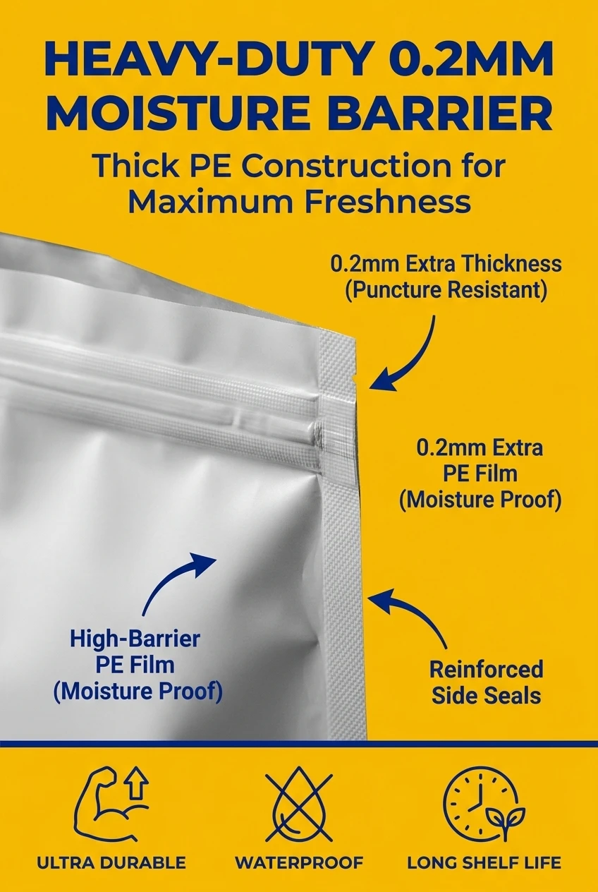 Our 0.2mm thick food zipper stand up pouch provides industrial-grade protection. This stand up pouch with zipper is manufactu