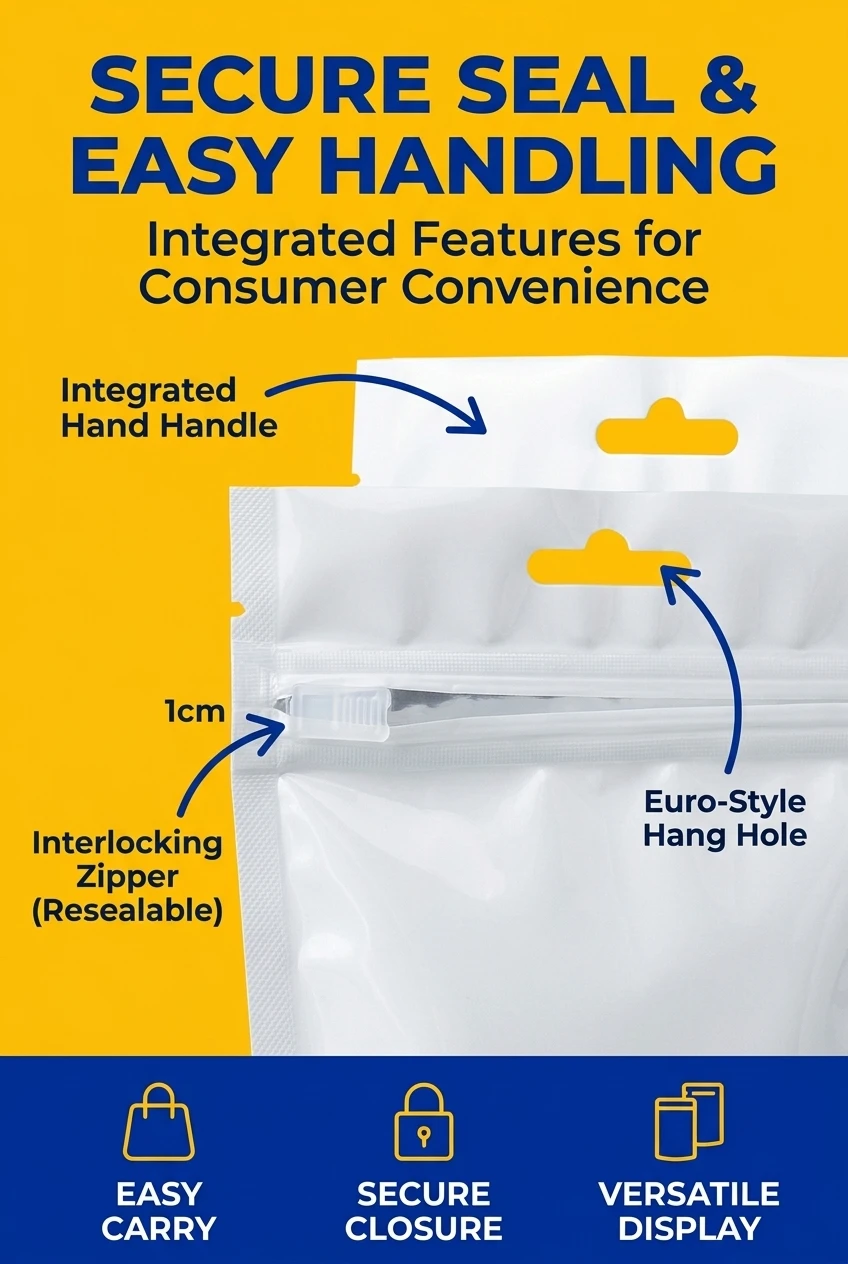 Featuring a high-performance stand up zipper pouch mechanism for repeated use. This food zipper stand up pouch includes a con