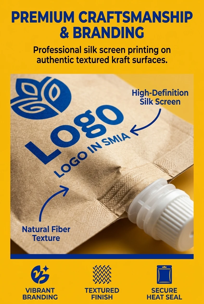 Close-up detail of silk screen printing on a spout pouch. Our stand up spouted pouch features a textured kraft finish for a p