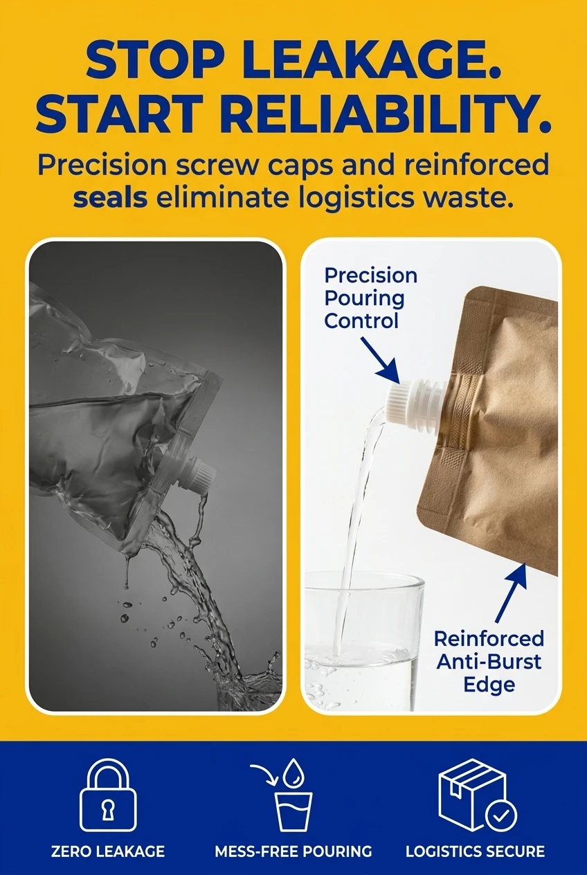 Problem-solution comparison for refill spout pouch users. Our spout pouch solves the leakage and waste issues common in low-q