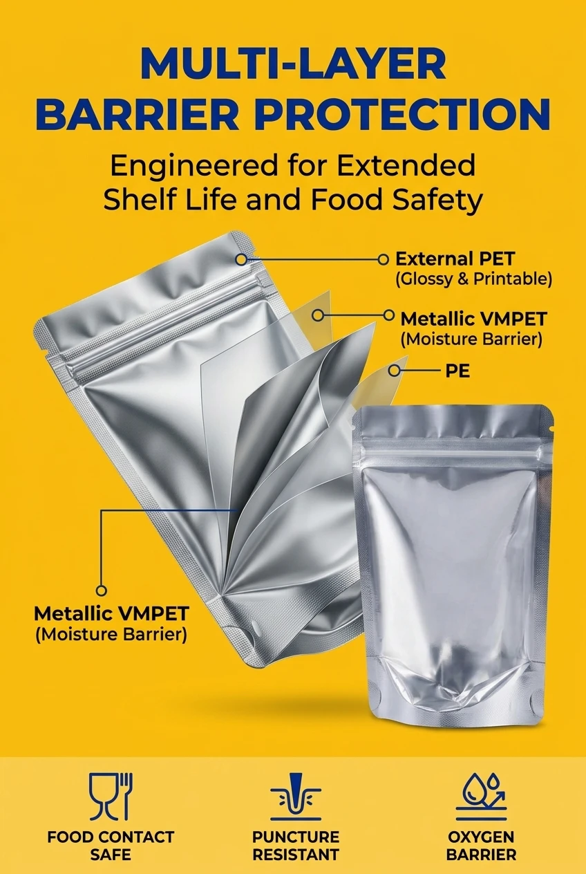 Sustain long term dry ingredient crispness parameters and limit raw material light decay utilizing our advanced multi layer p