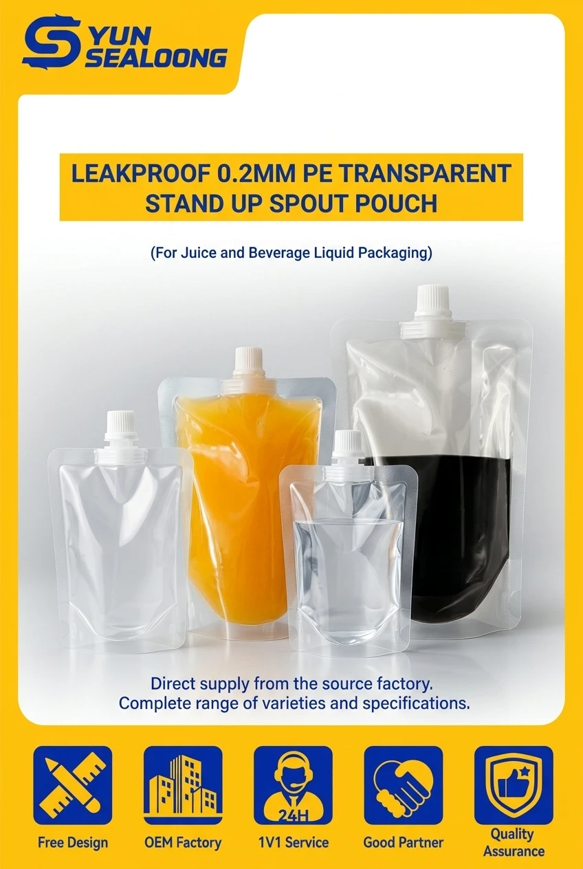 Leakproof 0.2mm PE Transparent Stand up Spout Pouch with Center Cap for Juice and Beverage Liquid Packaging