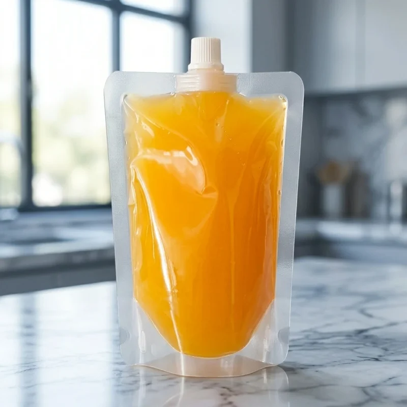 Close-up of stand up spout pouch surface with vertical holographic grating pattern