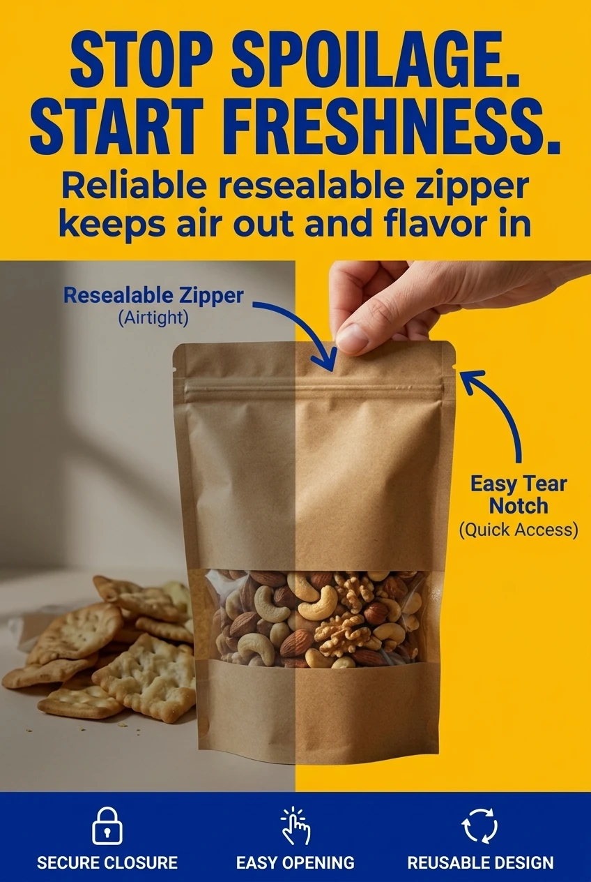 User-friendly features of our plastic zipper bag packaging. Each stand up pouch with zipper includes dual tear notches for ea