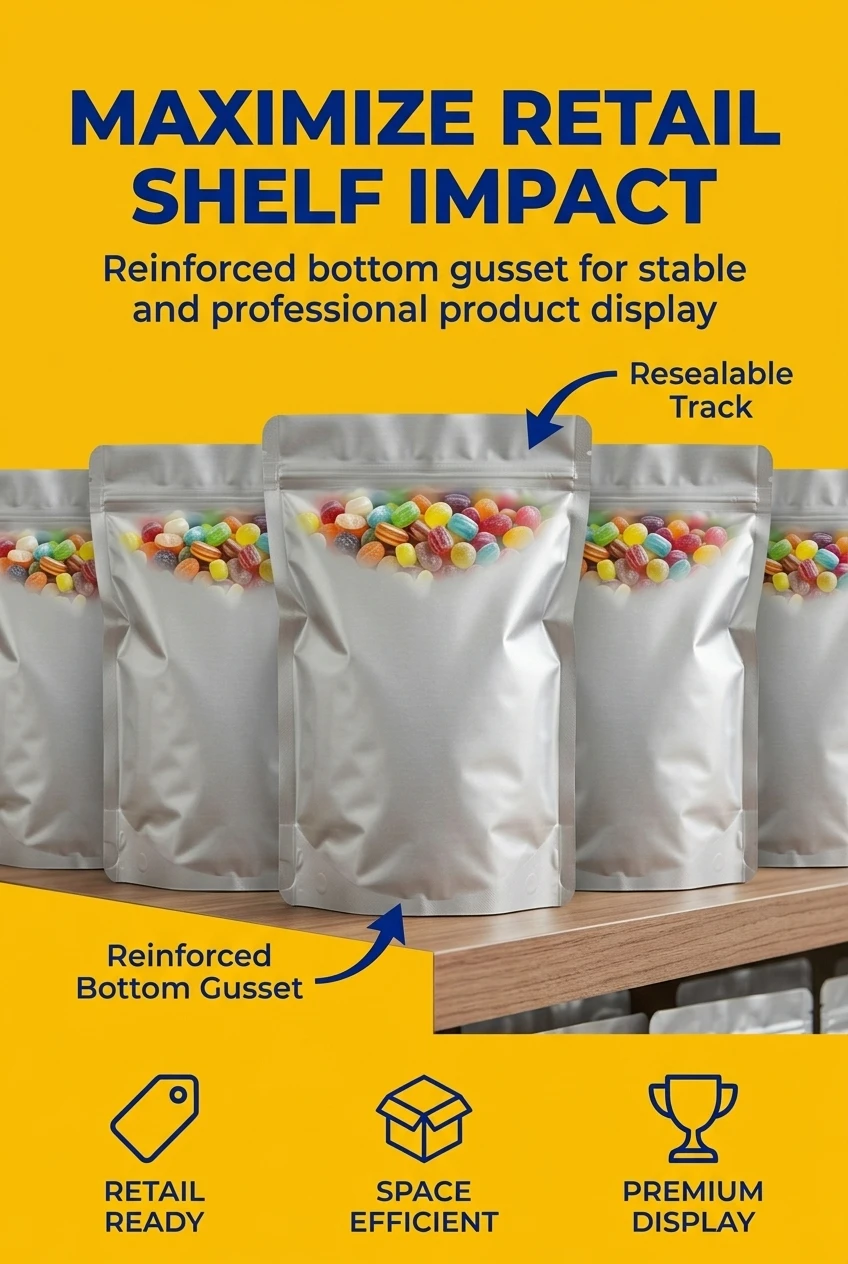 stand up pouch with zipper detail view showing vertical rainbow stripe pattern and transparency
