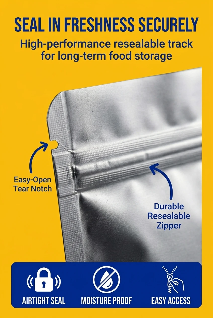 High-quality plastic zipper bag packaging with precision-engineered resealable tracks. Our stand up pouch with zipper ensures