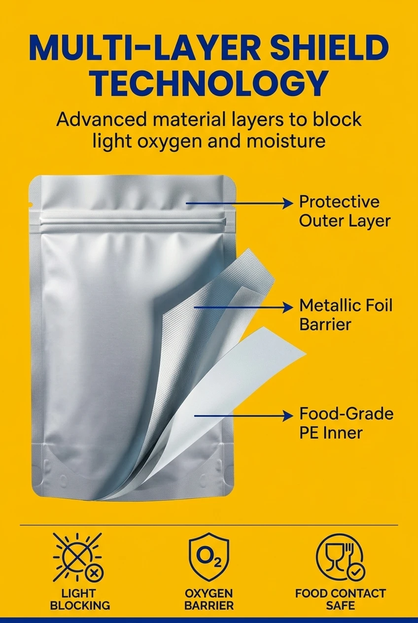 Advanced pe plastic bag construction combined with a metallic foil barrier. This stand up zipper pouch provides a significant