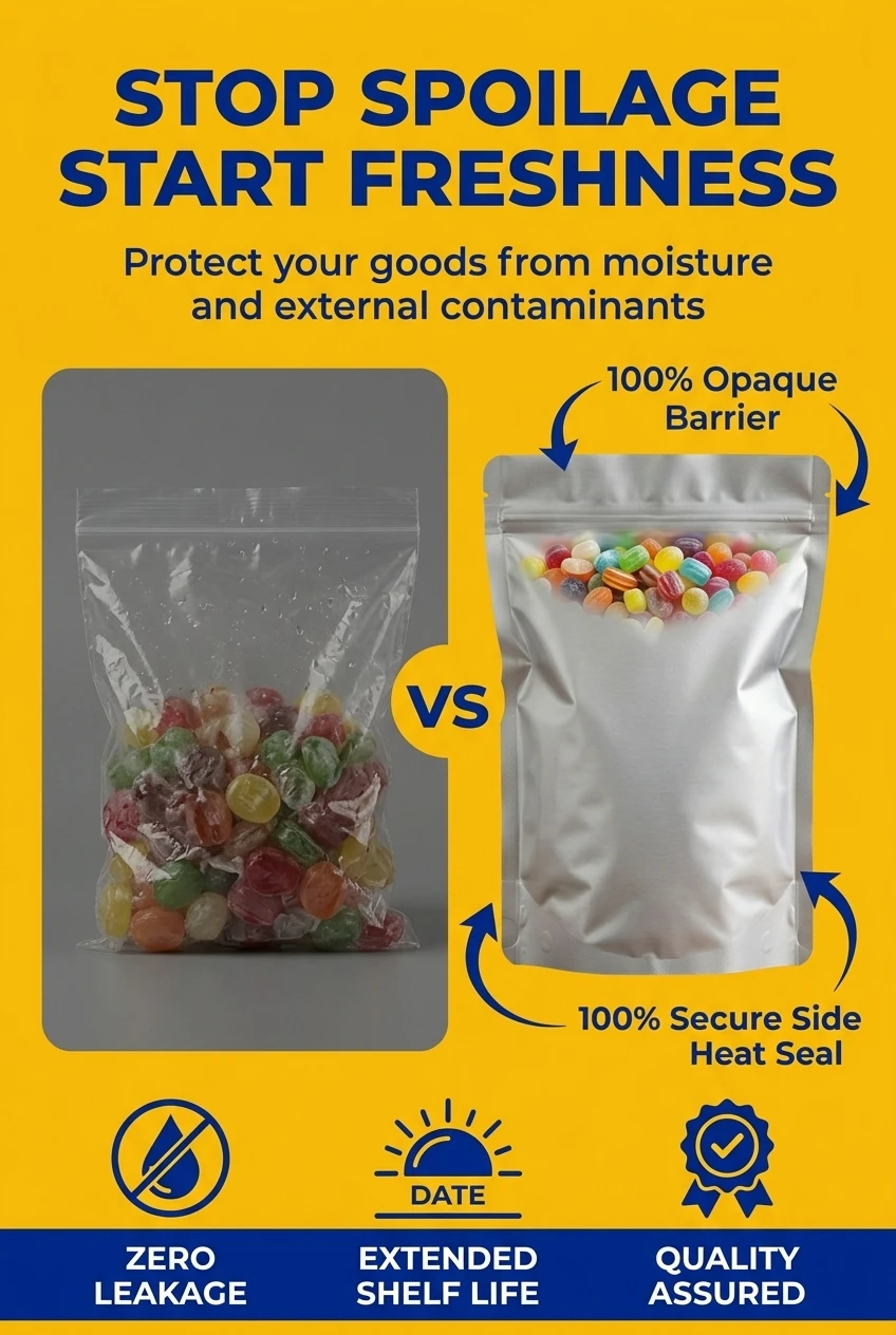 Reliable stand up pouch with zipper solution for preventing food oxidation. Unlike standard plastic zipper bag packaging, our