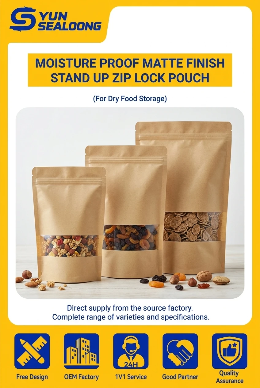 Moisture Proof Matte Finish Stand up Zip Lock Pouch with Clear Window and Tear Notch for Dry Food Storage