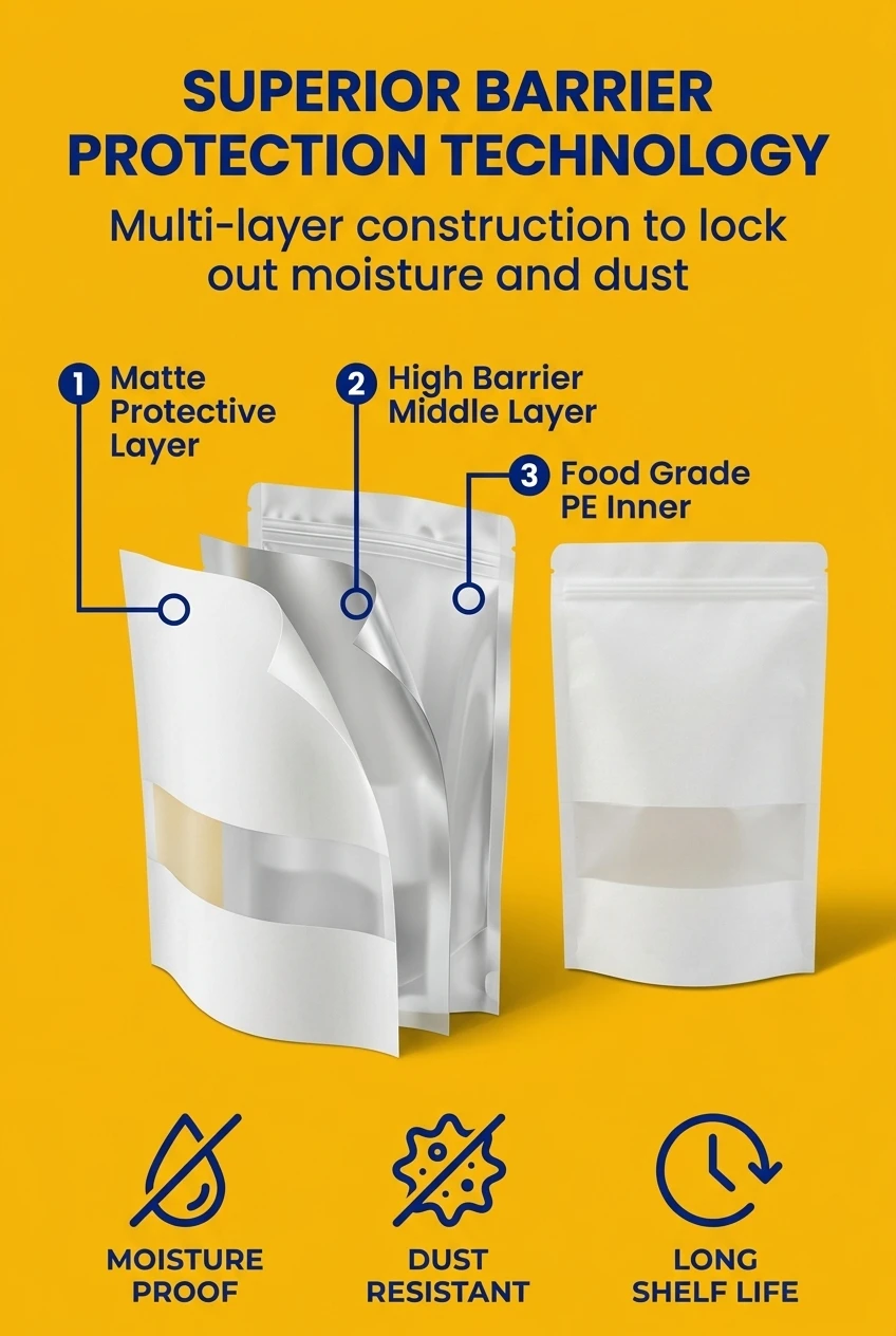 Moisture proof zip lock bags for long-term storage. The matte white stand-up pouch window design combines aesthetics with hig