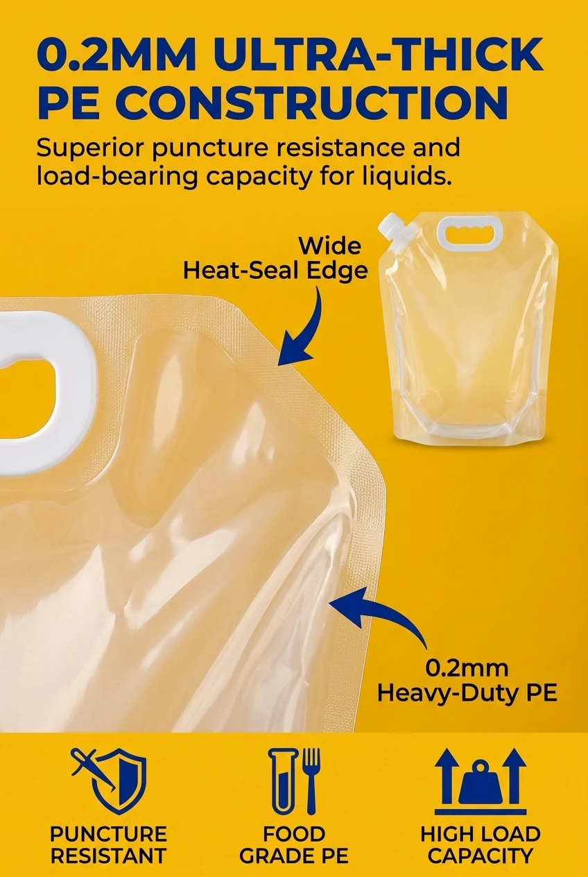 Heavy duty plastic spout pouch made from 0.2mm transparent PE material. Our refill spout pouch offers high visibility for liq
