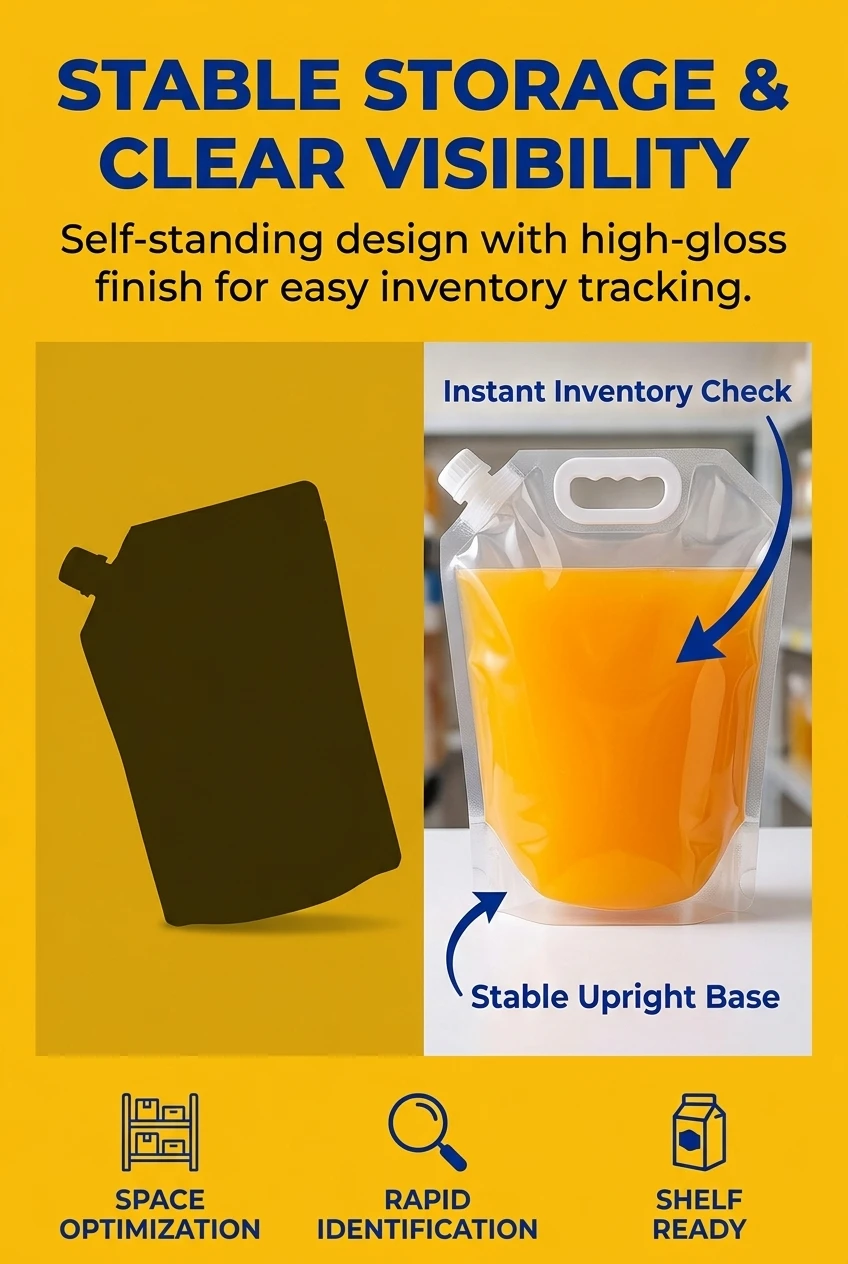 Transparent stand up pouch with spout for efficient liquid juice refill. The clear plastic spout pouch allows for quick conte