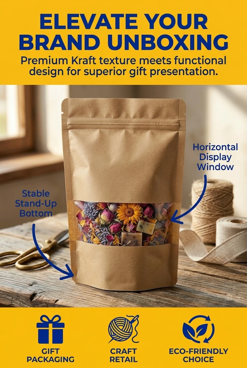 Food Grade Biodegradable Kraft Paper Stand Up Pouch with Clear Window and Compostable Zip Lock for Coffee Tea Nuts Packaging