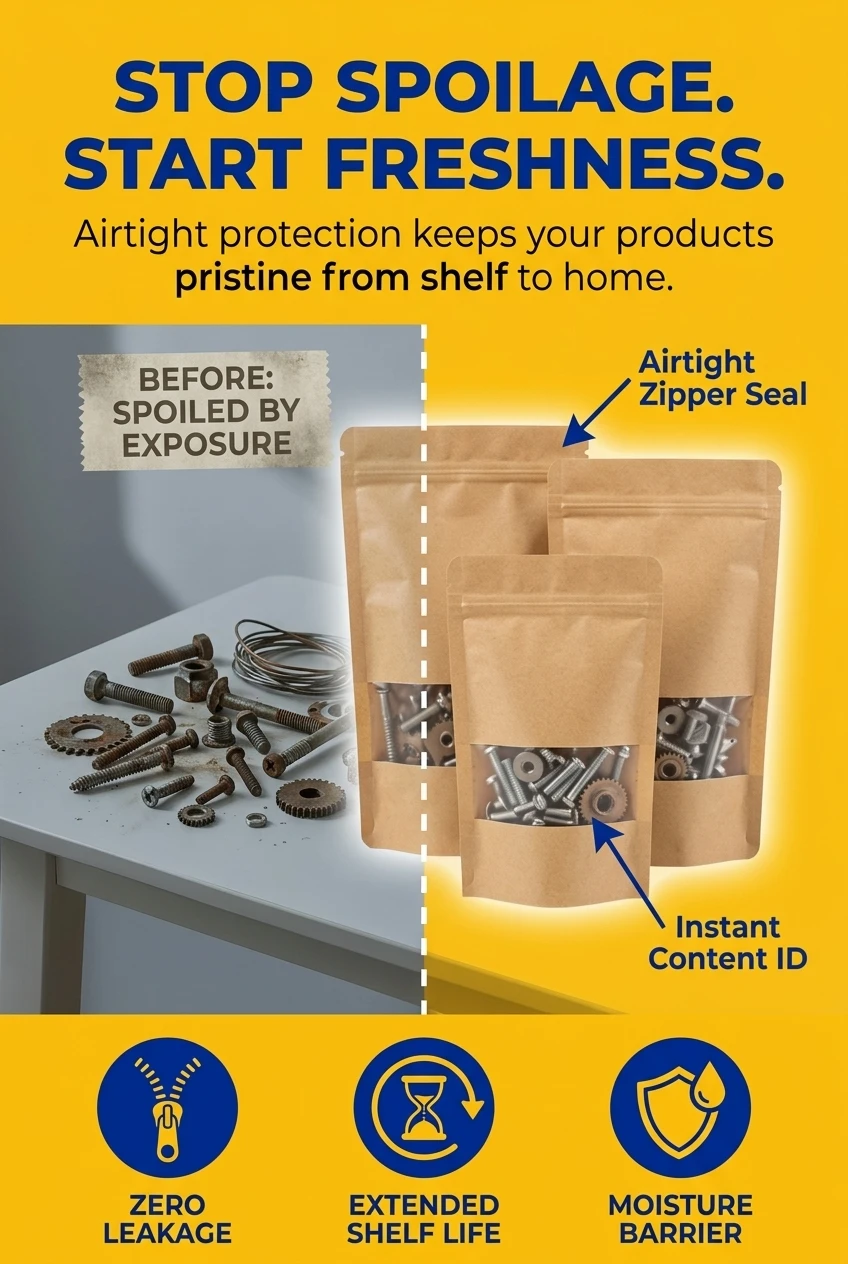 Solve storage issues with our airtight zip lock pouch. This stand up pouch with zipper prevents moisture and dust from damagi