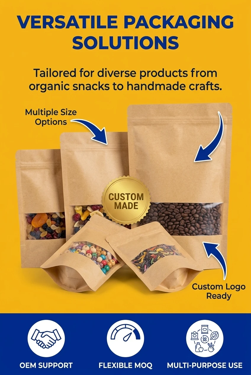 Waterproof Kraft Stand Up Zip Lock Pouch protecting printed gift box designs from moisture
