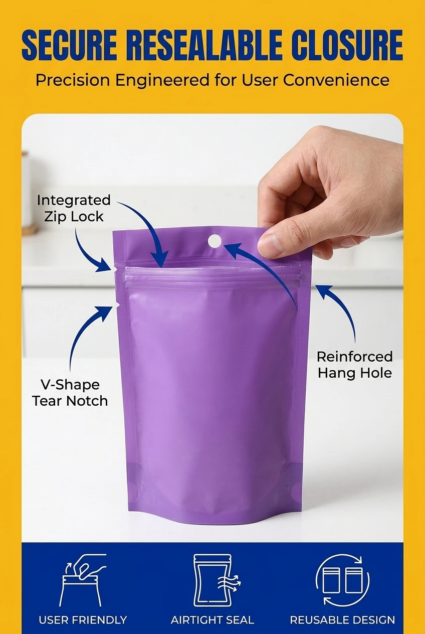 Durable food zipper stand up pouch featuring a high-quality integrated ziplock. This resealable packaging pouch is designed f