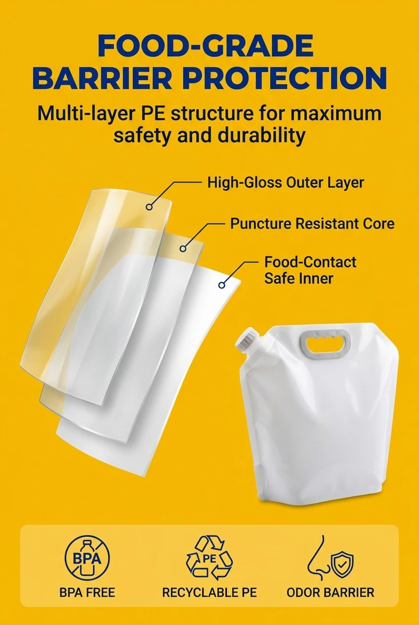 Advanced plastic spout pouch construction using premium food-grade PE materials. This spout pouch offers superior puncture re