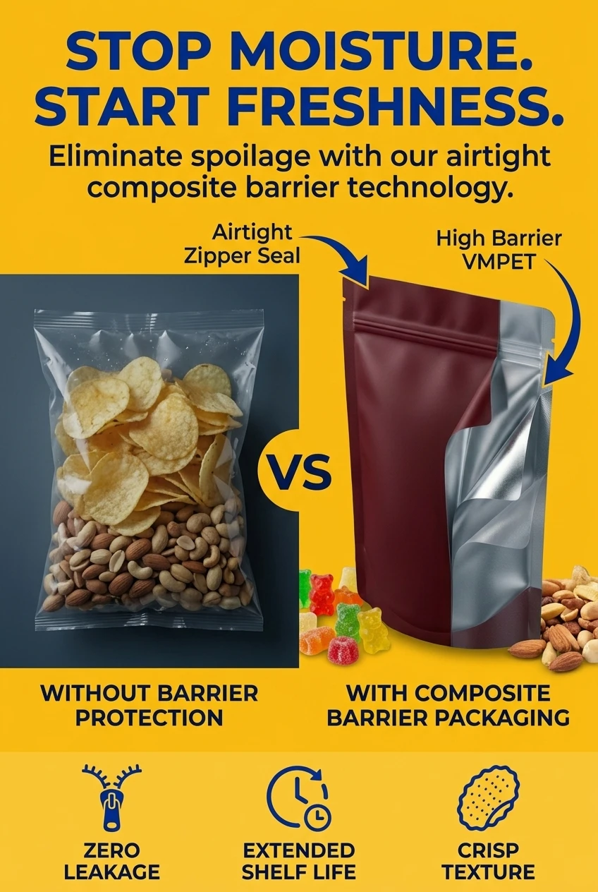 Moisture proof zip lock pouch for snack storage. Solve common spoilage issues with our high-barrier stand up pouch packaging.
