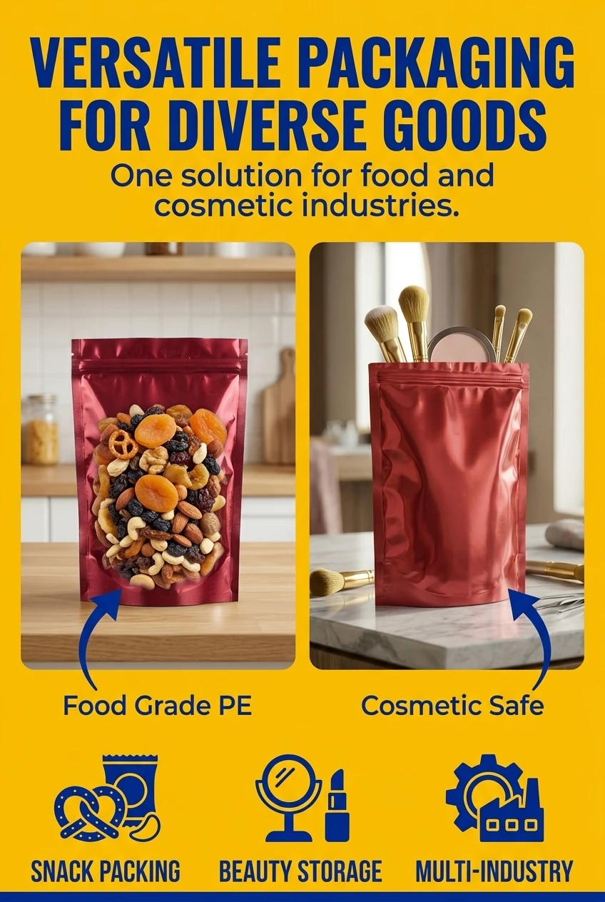 Multi-purpose stand up pouch packaging for global markets. These metallic red zip lock bags are suitable for both food grade