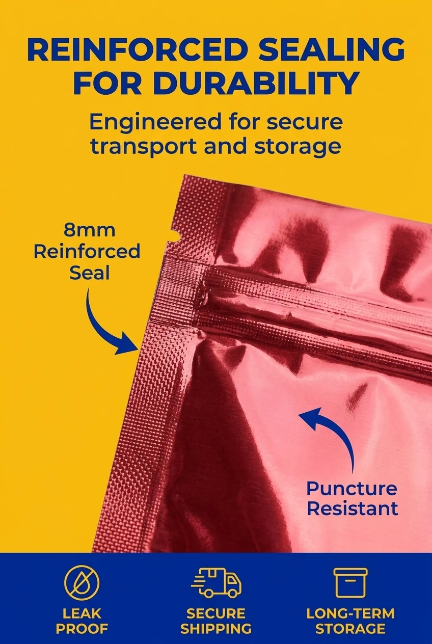 Durable stand up pouch with zipper featuring 8mm wide heat-seal edges. Our zip lock bags are engineered for structural integr