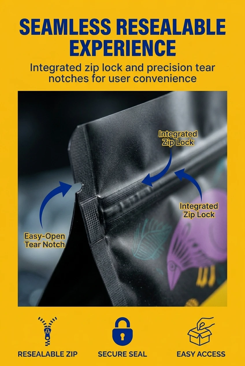 The upper header segment of this matte laminated heat seal pouch integrates a robust reclosable ziplock track situated direct