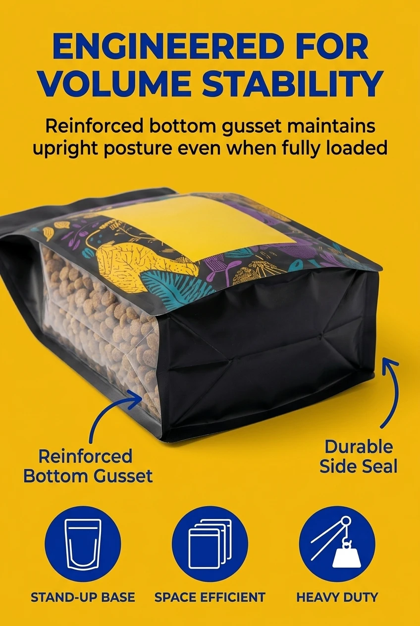 The lower architecture of each stand up coffee bag utilizes a specialized reinforced bottom gusset that transforms from a fla